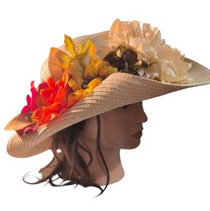 Elegant Floral Wide-Brim Sun Hat Cowgirl Kentucky Derby Handmade Banana Boat